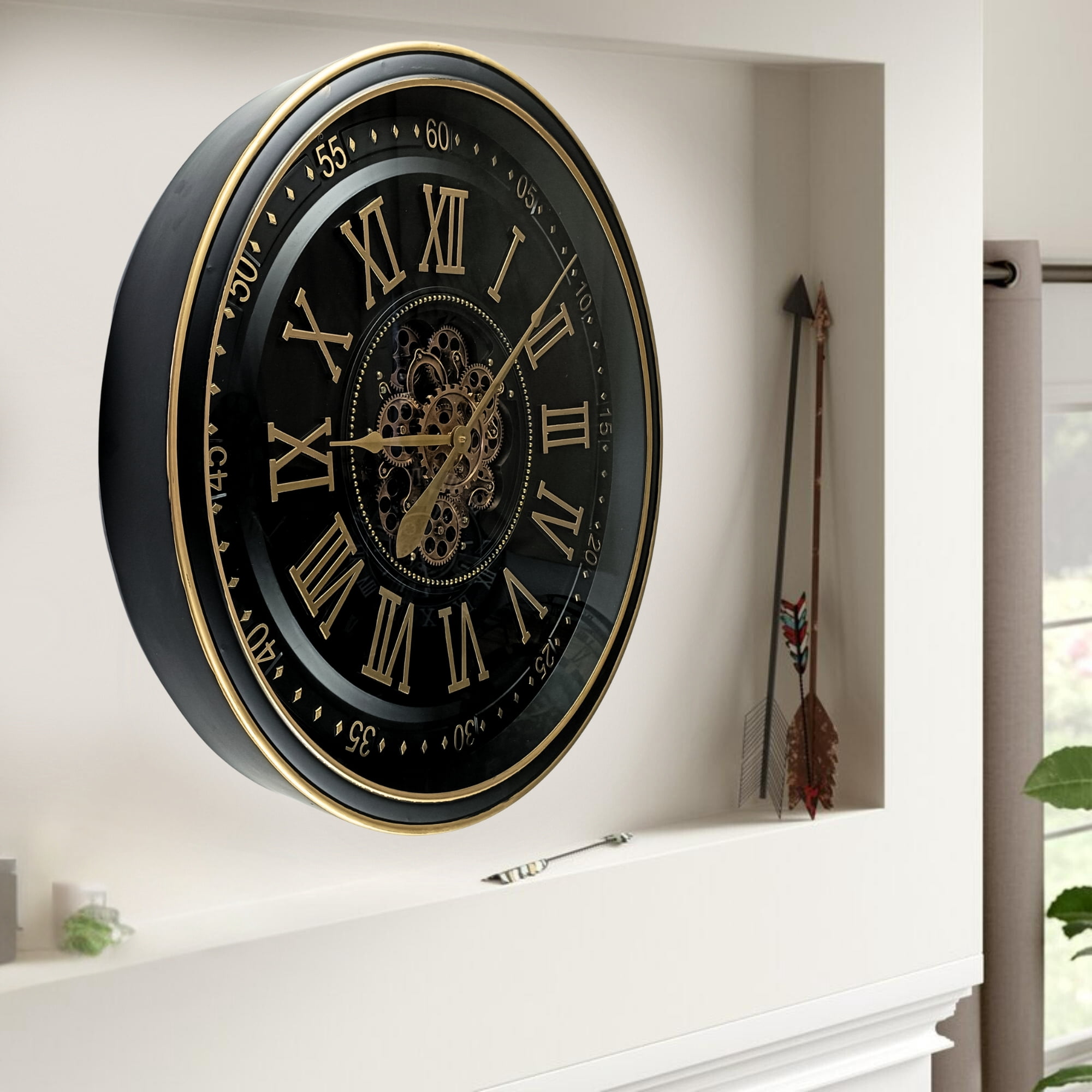 THE GEARS CLOCK Wall Clock with Real Moving Gears IR-LI_ 32 in Round BLACK-ANTIQUE