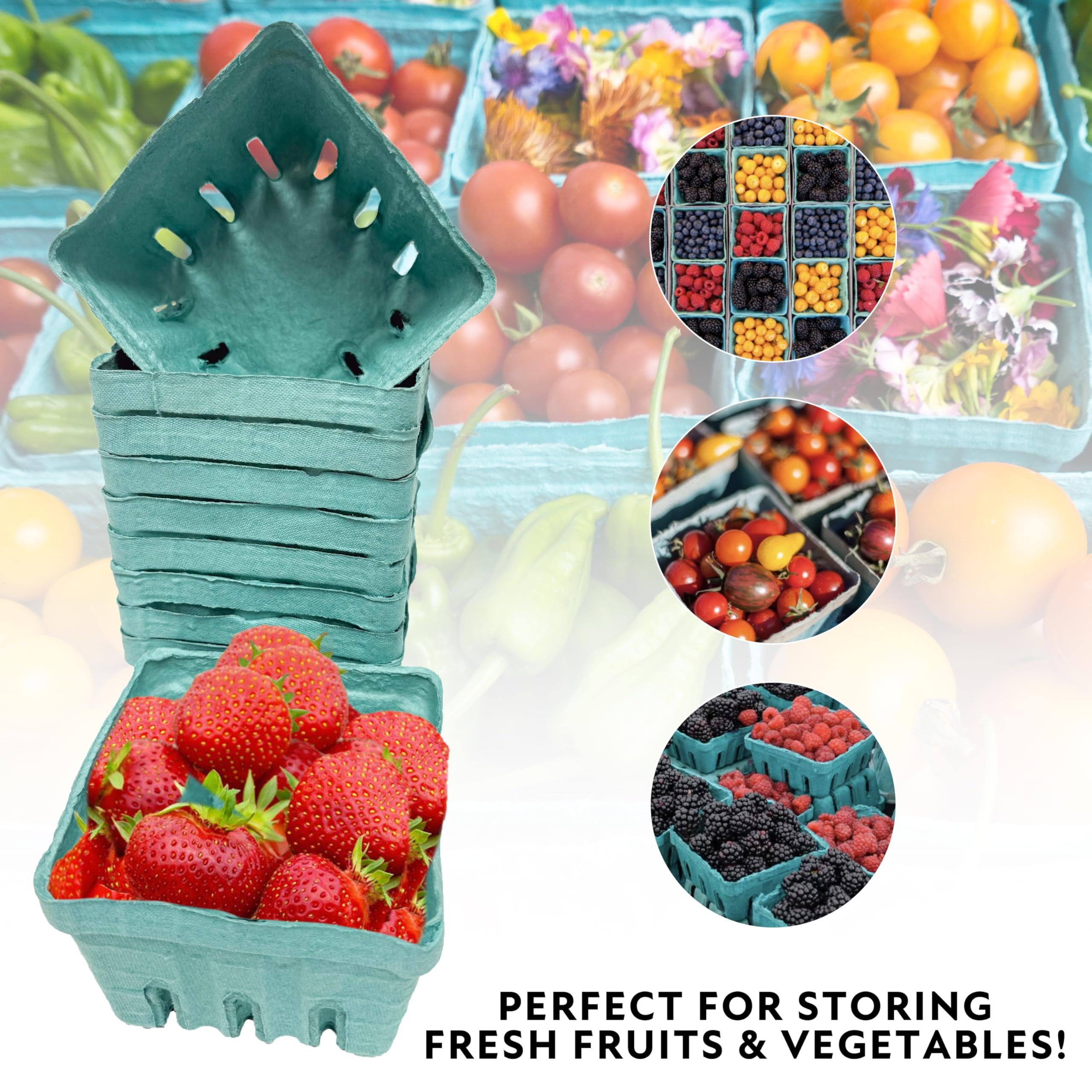 Hampton Distribution 15 Pack Green Berry Basket 1 Pint, Pulp Fiber Vented Produce Containers Farmers Market Basket, Fruit & Vegetable Containers