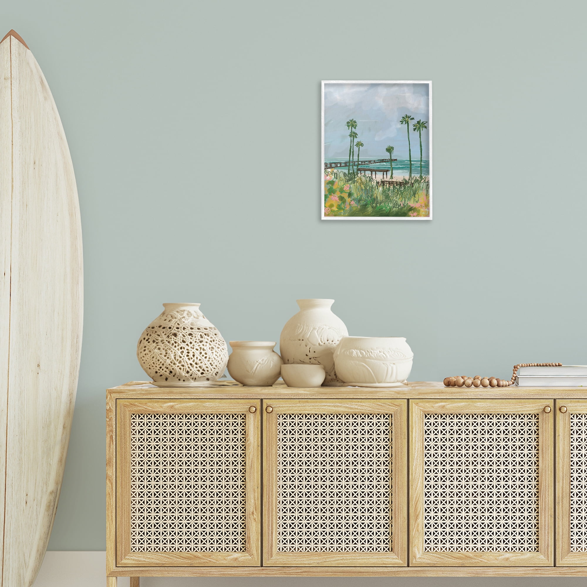 Stupell Industries Palm Trees Dock Scene Landscape Painting White Framed Art Print Wall Art, 16 x 20