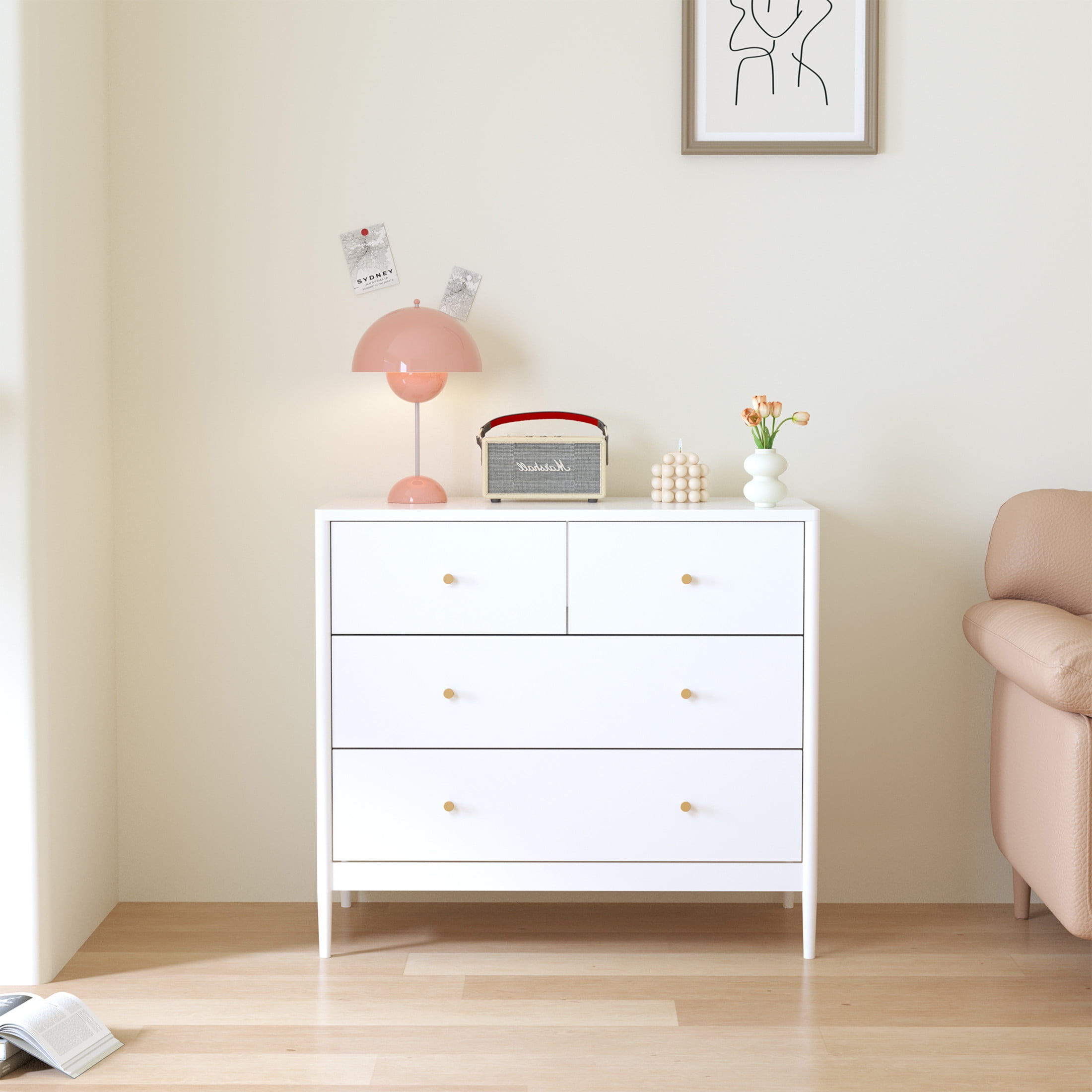 Noble House 35.4" 4-Drawer Kids Dresser, Wooden Nursery Storage Cabinet with Anti-Tip Kit for Bedroom or Closet, White