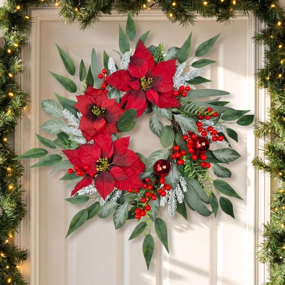 SPOORYYO Artificial Poinsettia Christmas Wreath with Red Berries and Baubles, Elegant Holiday Decor for Front Door, Wall and Entryway, Perfect for Festive Decoration