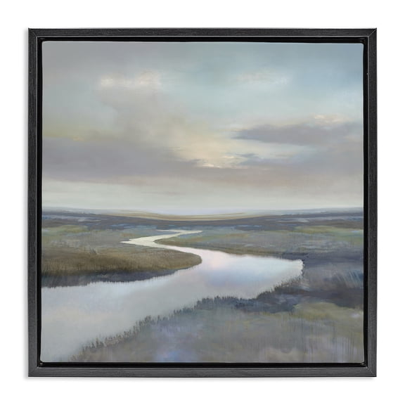 Stupell Industries Modern Calm Riverbend in Greys Black Floating Frame Canvas Art, 18 x 18, by Christy McKee