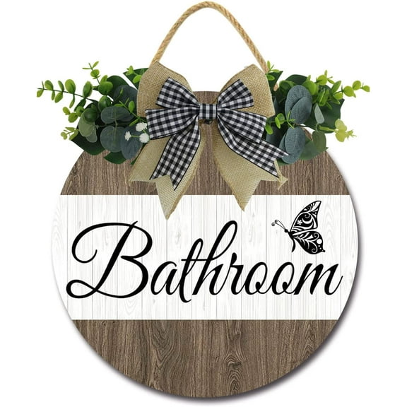 Eveokoki 12" Bathroom Signs for Front Door Farmhouse ,Rustic Round Wooden Hanging Wreaths for Bathroom Wash room Toilet Housewarming Gift Decoration Indoor Wall Decor
