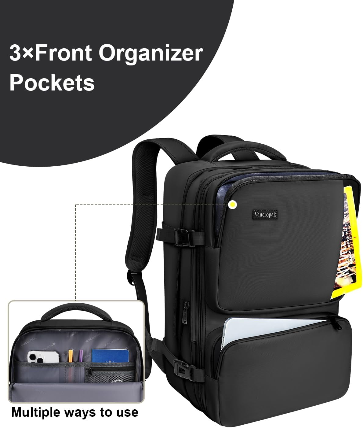 Vancropak Expandable Carry on Backpack, Flight Approved 40L Travel Backpack with 3 Packing Cubes for Men Women, Black