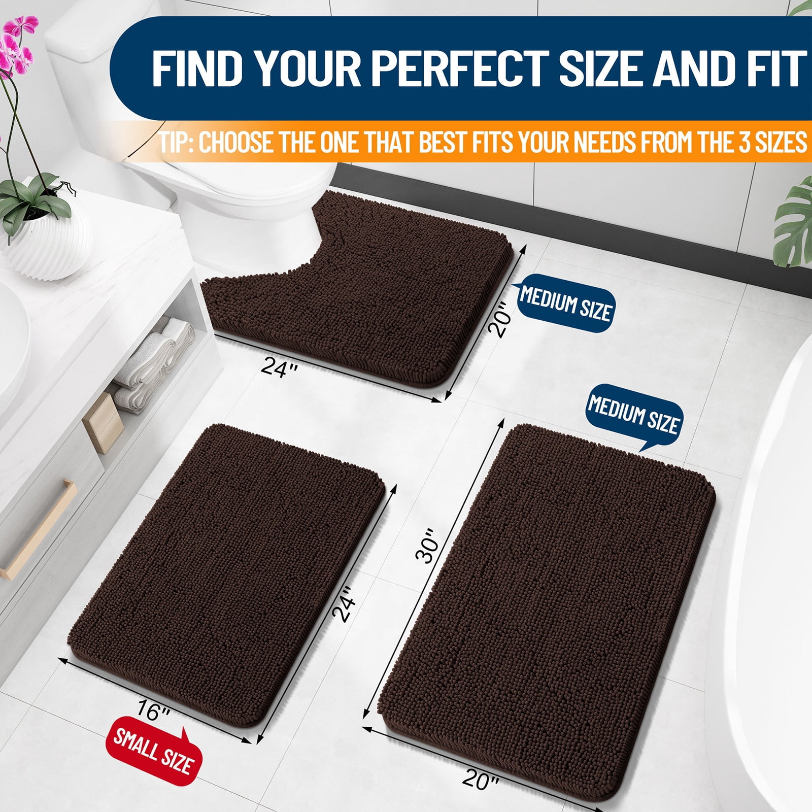 Buganda Toilet Rugs U-Shaped 24x20, Quick Dry Machine Washable Chenille Bath Mats with Rubber Backing, Brown