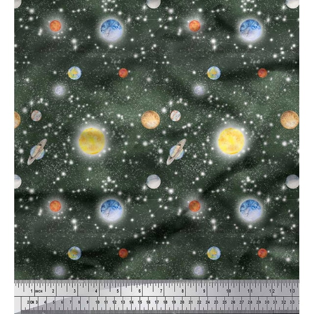 Soimoi polyester Crepe Fabric Planet & Sun Galaxy Fabric Prints By Yard 52 Inch Wide