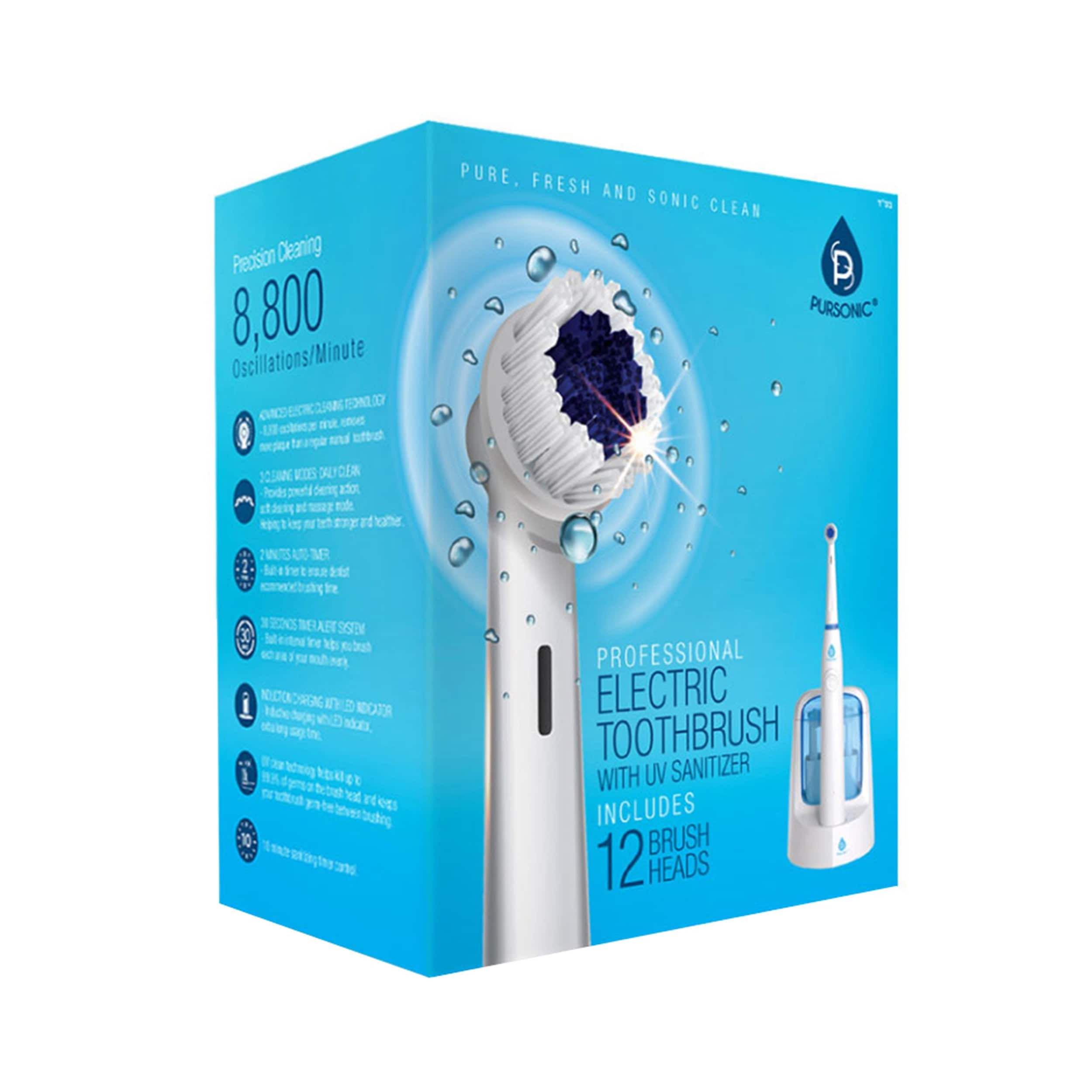 Pursonic oscillating electric rechargeable toothbrush w/ bonus 12 brusheads 2 tongue , 2 interdental