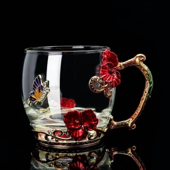 Gardenia Fields 12 Oz Red Glass Enamel Mugs with Handmade Butterfly Rose