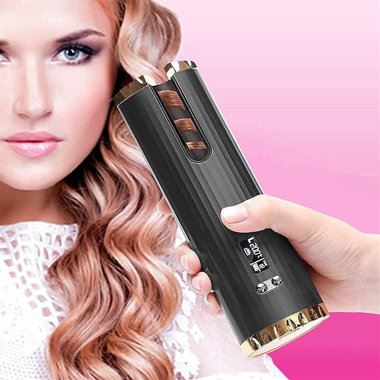 Cordless Auto Hair Curler, Automatic Curling Iron with LCD Display Adjustable Temperature & Timer, Portable Rechargeable Rotating Ceramic Barrel Curling Wand Fast Heating for Hair Styling