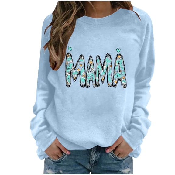 Sexlip Womens Long Sleeve Sweatshirt MAMA Letter Print Design Soft Fabric Relaxed Silhouette for Daily Lounge Blue XL