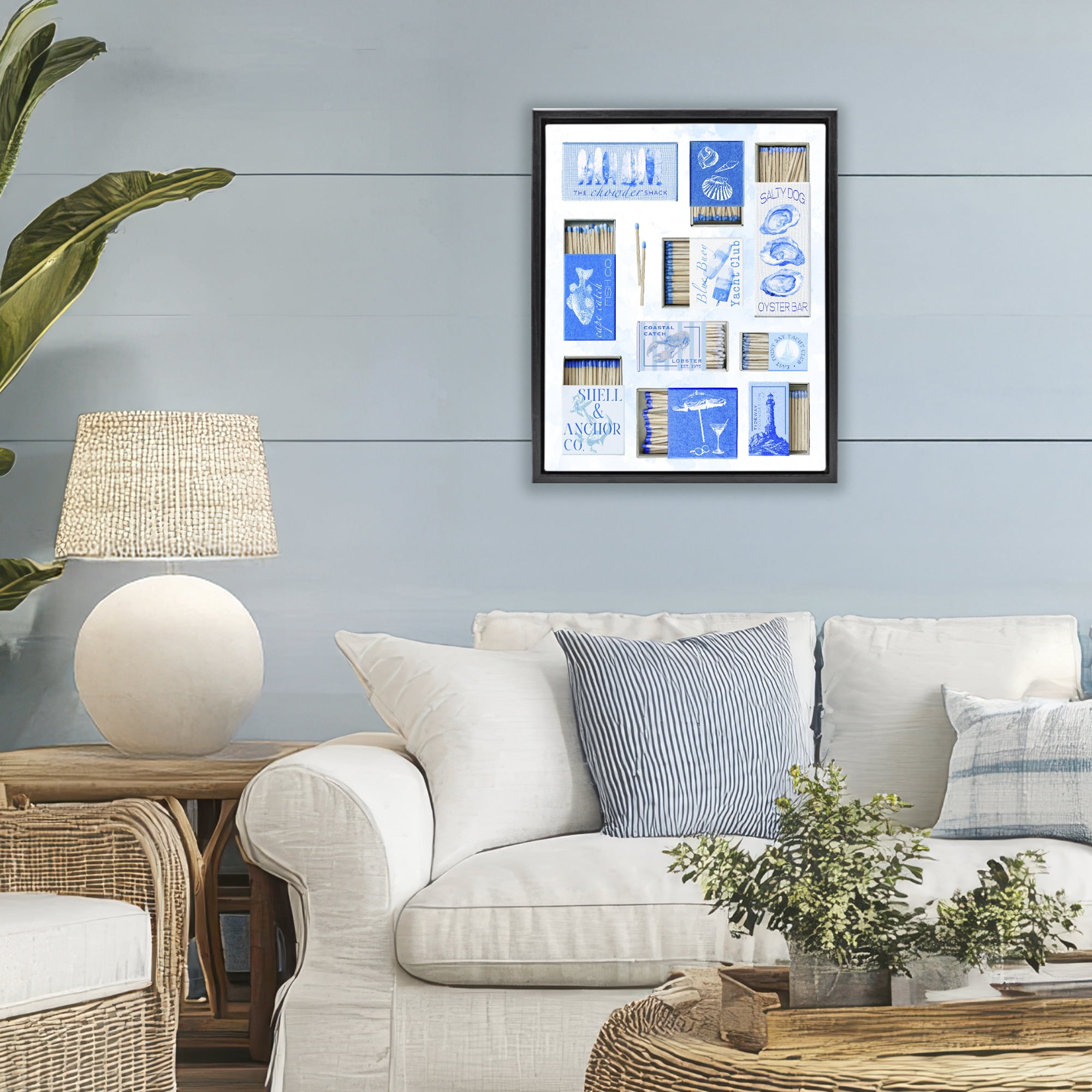 Blue Coastal Matchboxes Black Framed Floater Canvas Wall Art, design by Ziwei Li