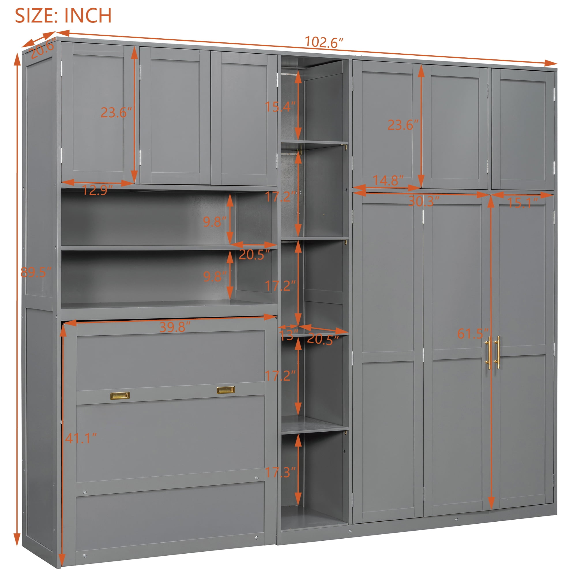 Mintazer Twin Murphy Bed with Wardrobe & LED Shelves, Modern Folding Cabinet Bed with Storage for Bedroom Apartment Guest Room, Gray