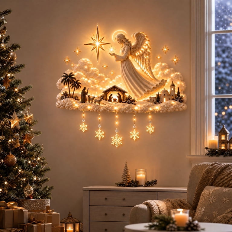 ARVELLIA Lighted Angel Nativity Wall Light, Pre-Lit Christmas Hanging ...