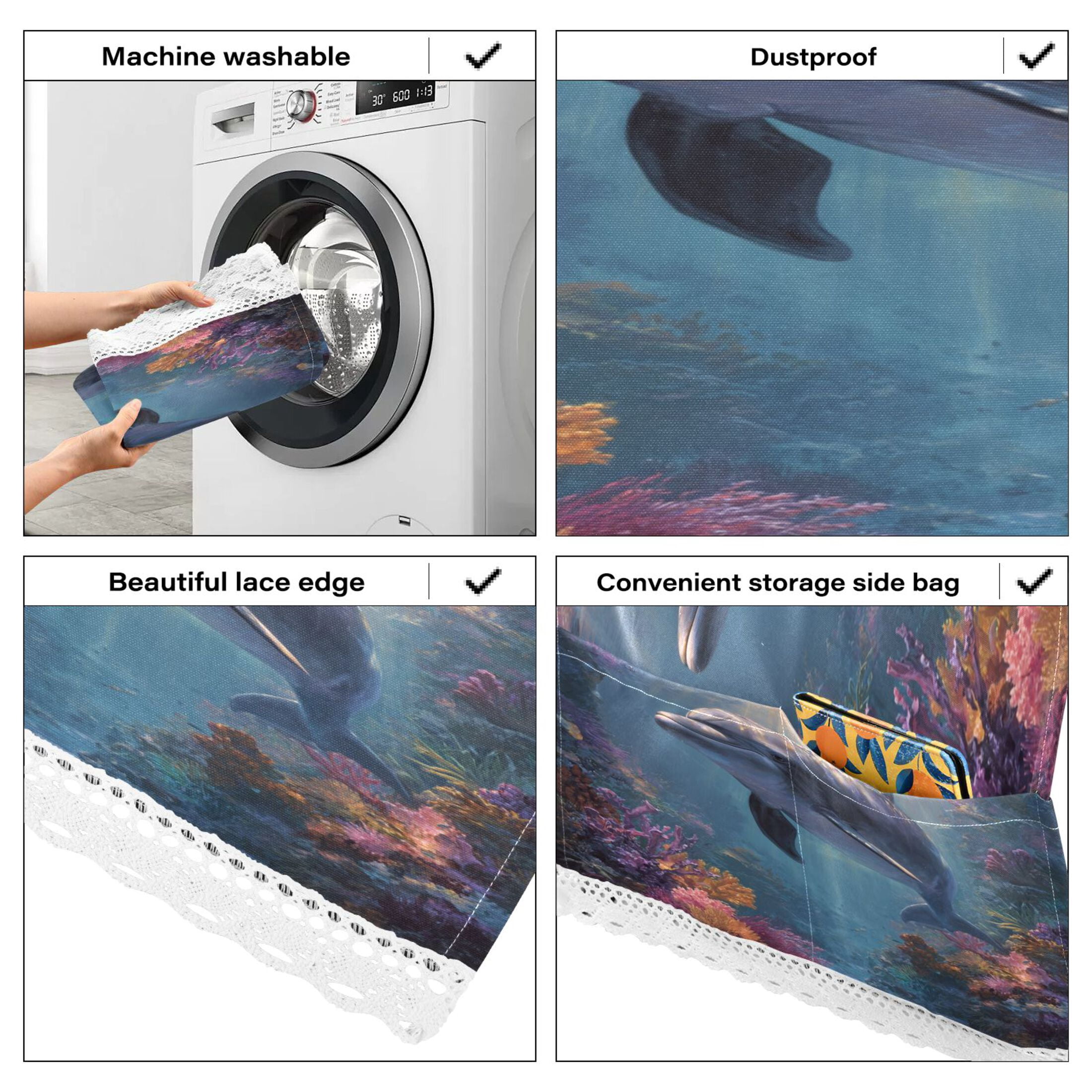 Washing Machine Cover 51.2x22in, Durable Polyester Dust Cover with Lace Trim and Side Pocket for Appliances Dolphin