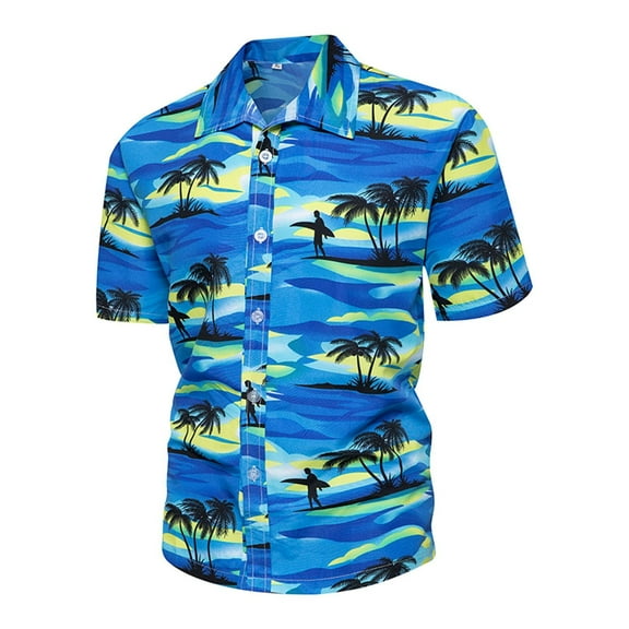 IROINNID Hawaiian Shirt for Men Hawaiian Print Lapel Short Sleeve Shirt,Blue