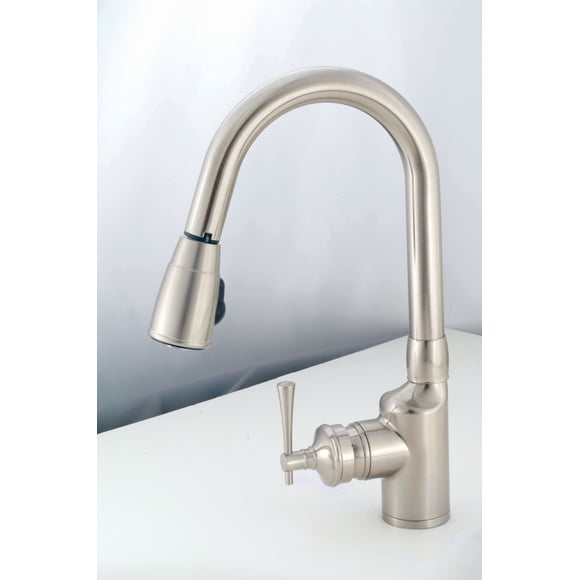 American Brass Faucet SL2000N Used For Kitchen; Single Piece 8 Inch Deck Mount; Gooseneck Spout; Single Lever Pull Down Handle; Brushed Nickel Plated; 1/2 Inch NPT; 1 Hole Application