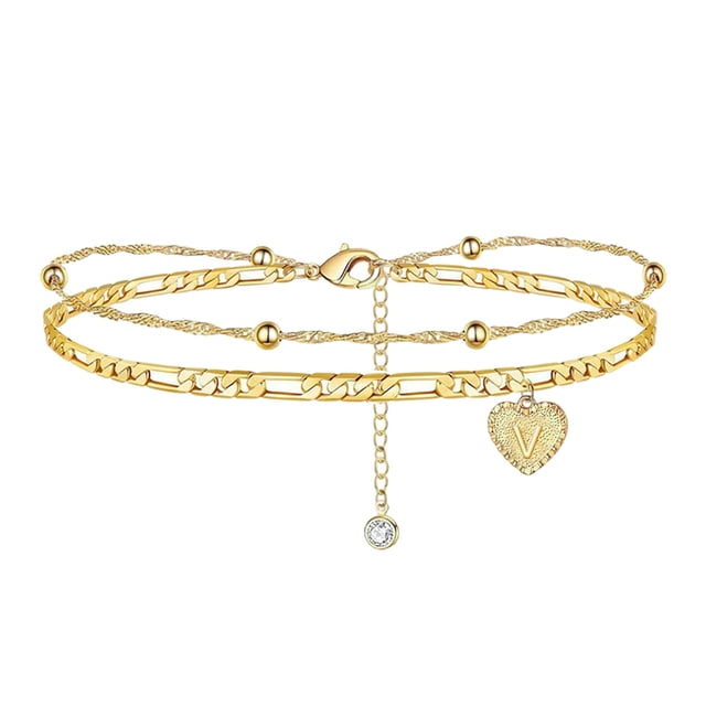 Kcodviy Heart Layer Anklet Female Bracelet for Men Bracelets Letters Chain Smart Bracelet Double initial 26 for Rose Bracelet Women Anklet Jewelry Anklet Foot Heart Anklet
