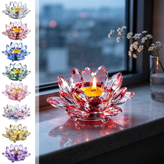 Crystal Lotus Tealight Candle Holder - Glass Tea Light Candlestick, Clear Crystal Figurine Ornament for Home, Office, Christmas, Halloween Decoration