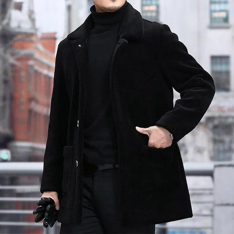 SSAAVKUY Men's Button Up Wool Plush Car Coat Winter Shearling Coat