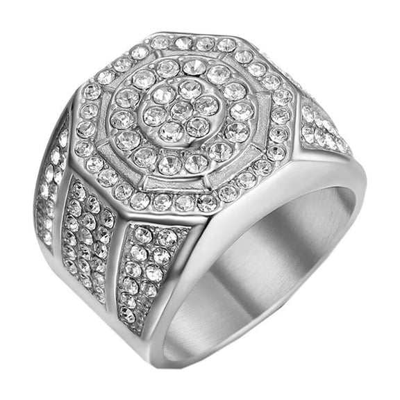 PAMTIER Men's Stainless Steel Vintage Octagonal Cubic Zirconia Inlay Ring Hip Hop Style Silver Size 11
