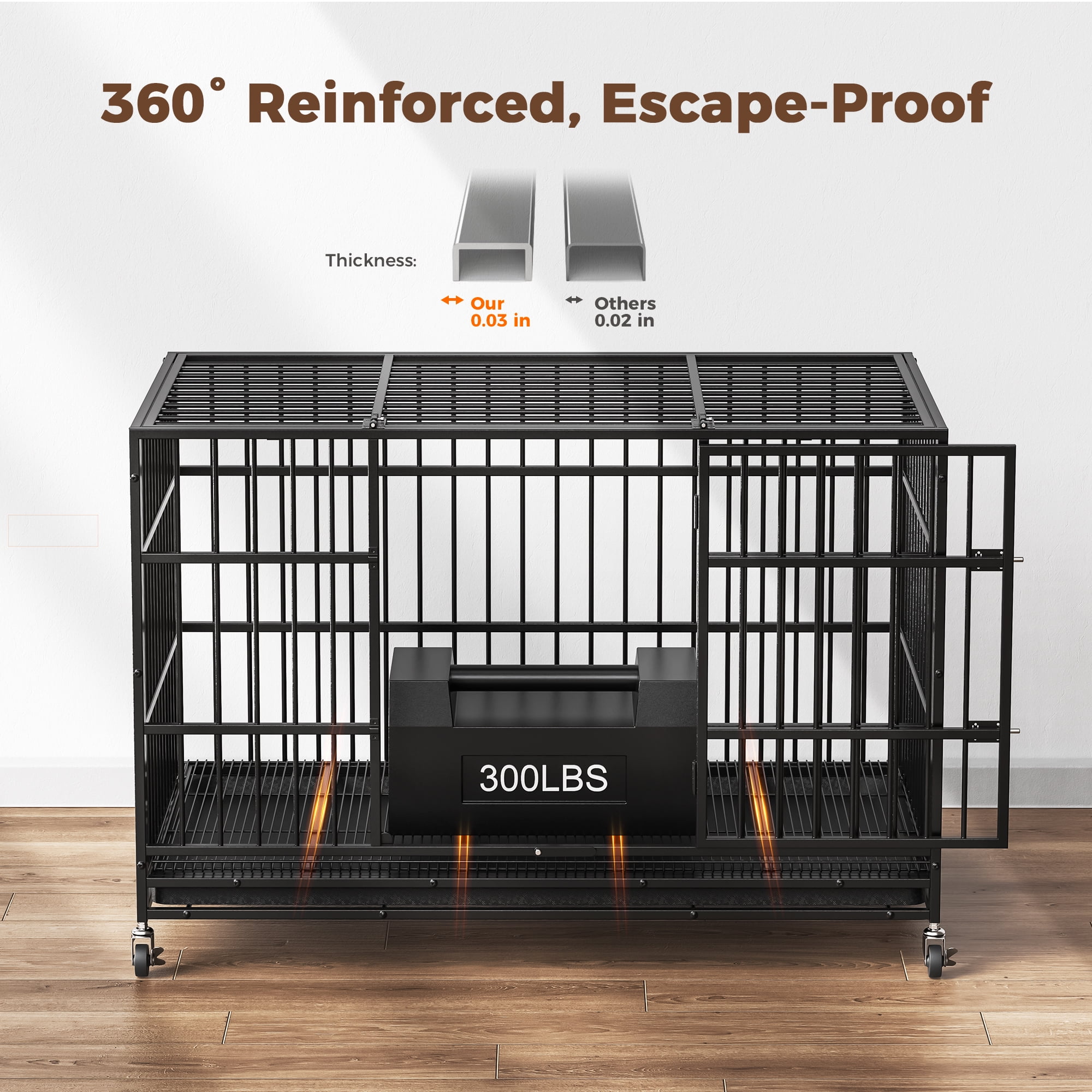 CAMMOO 38" Heavy Duty Dog Crate Cage Kennel for Small Dog with Lockable Wheels,Indoor,Outdoor,300Lbs Load