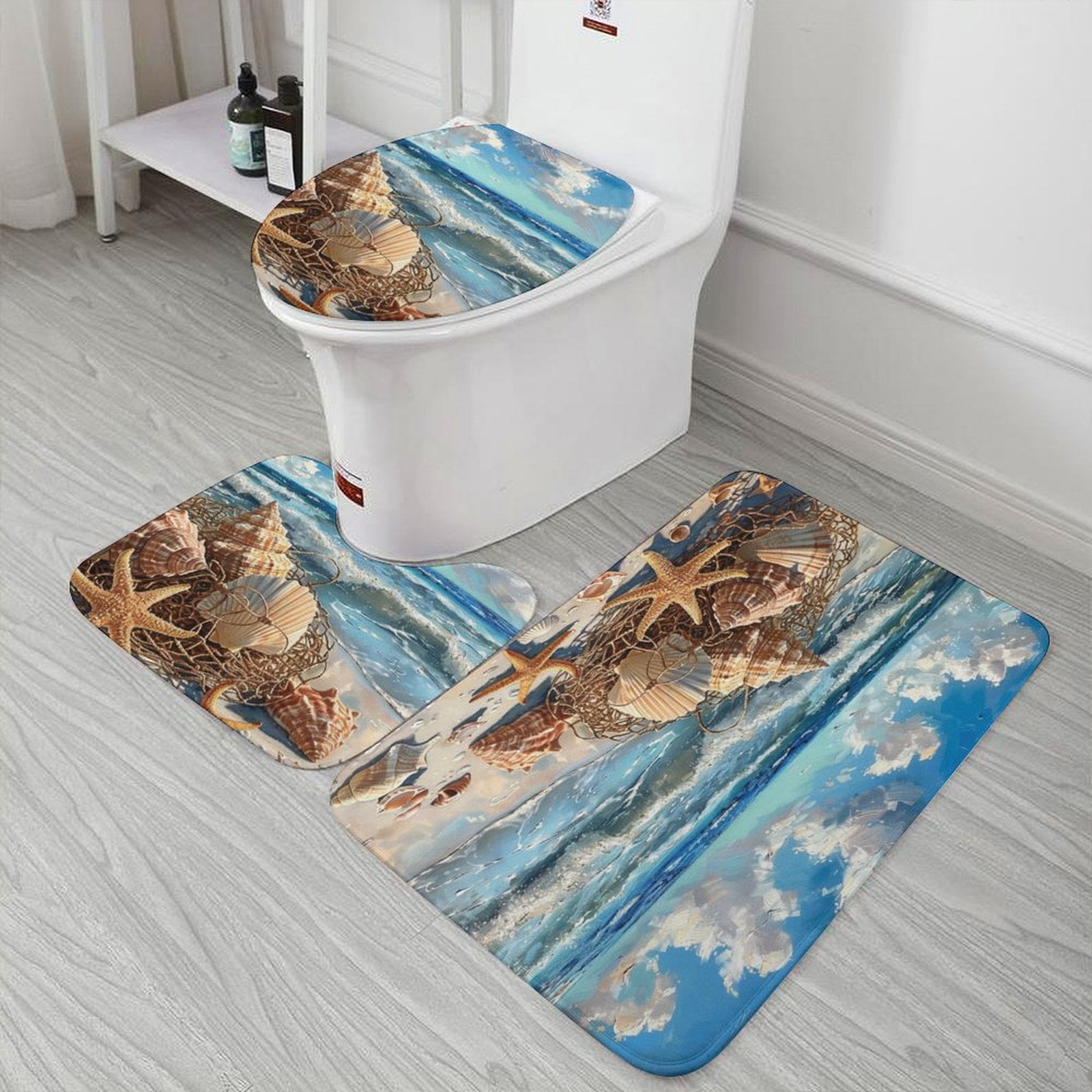 Beach Seashell Starfish Bathroom Rug Set of 3, No Silp Washable Cover Floor Rug Decorations for Kitchen Bathroom Bedroom