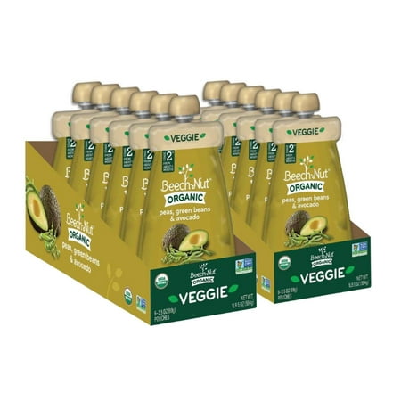 Beech-Nut Organic Stage 2 Peas, Green Beans & Avocado Baby Food, 2 – 6 pk sleeves (Pack of 12)