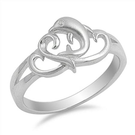 Diamond Filigree Heart Band Ring - Dolphin Heart Ocean Animal Filigree Ring ( Sizes 4 5 6 7 8 9 10 ) New 925 Sterling Silver Band Rings by Sac Silver (Size 4)