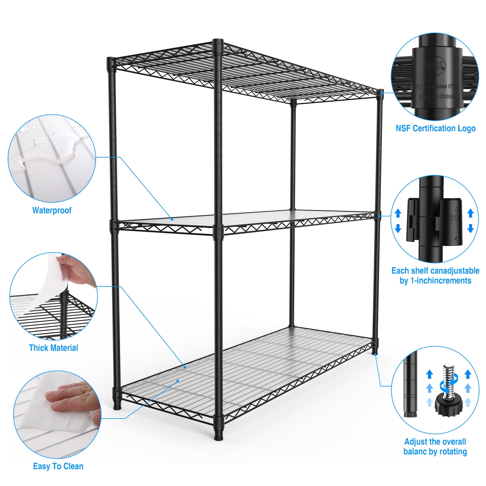 Miniyam 3 Tier Wire Shelving Unit, 1050 LBS NSF Adjustable Metal Garage Storage Shelves, Heavy Duty Storage Wire Rack, Black