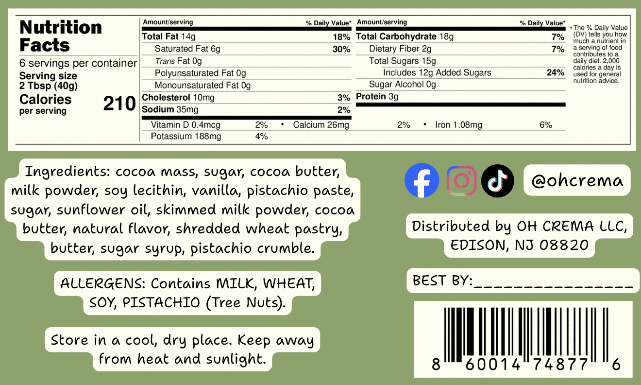 Oh! Crema Dubai in a Jar – Handcrafted - Creamy Pistachio with Kadayıf & Chocolate