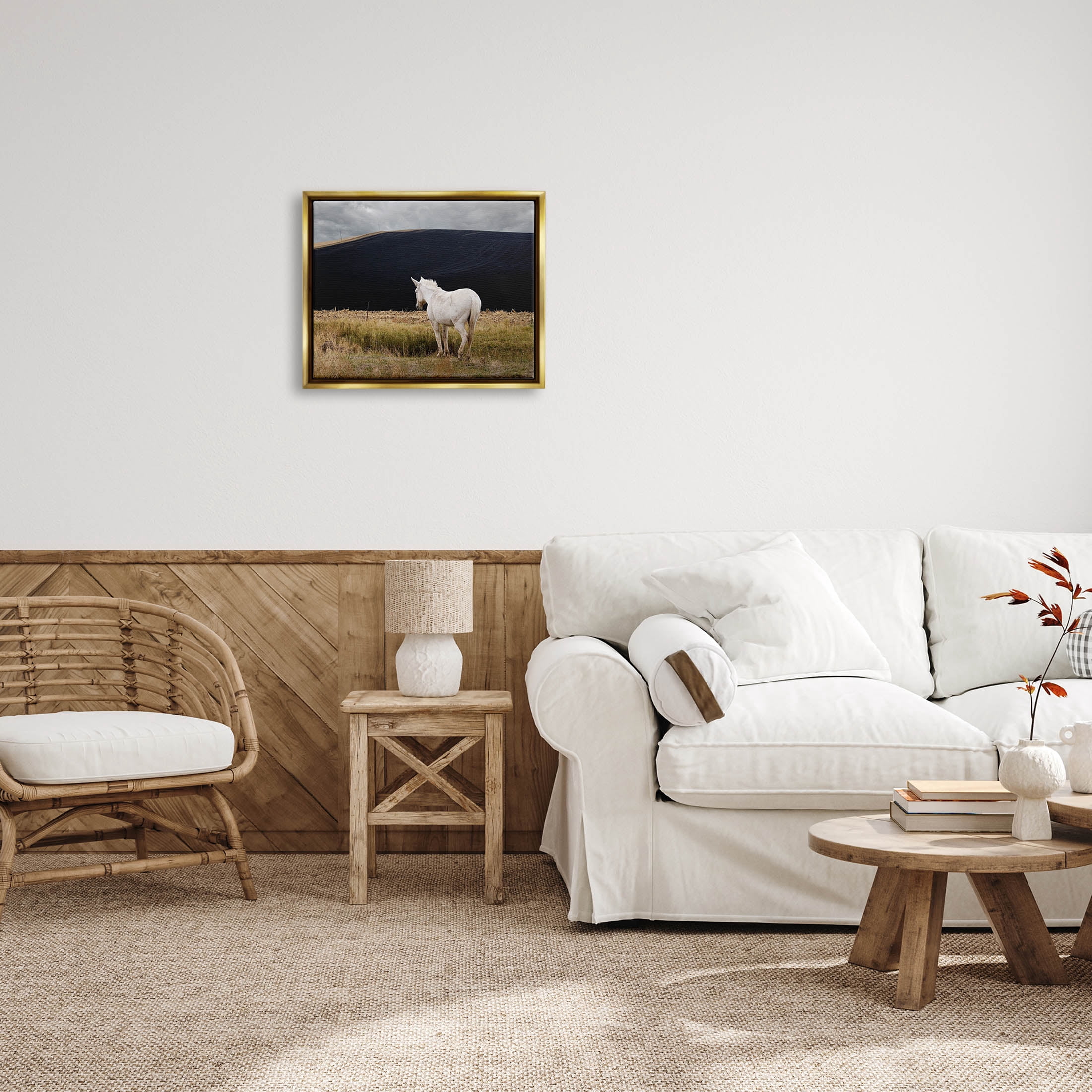 Stupell Industries Lone White Horse Vast Country Pasture Photograph Metallic Gold Floating Framed Canvas Print Wall Art, Design by David Lorenz