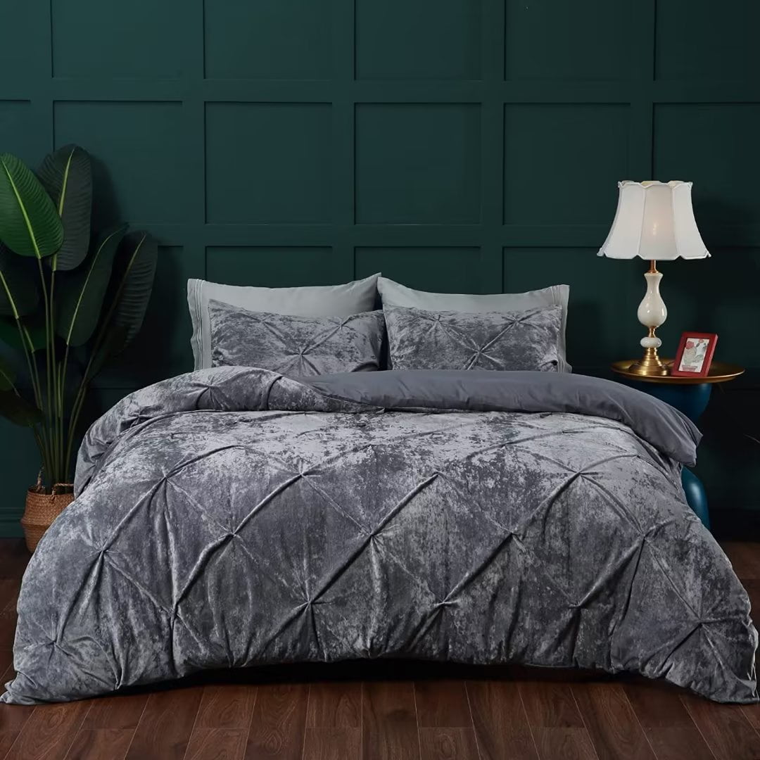 CAROMIO Blue Velvet Duvet Cover 3 Pieces Set, Soft Pinch Pleated