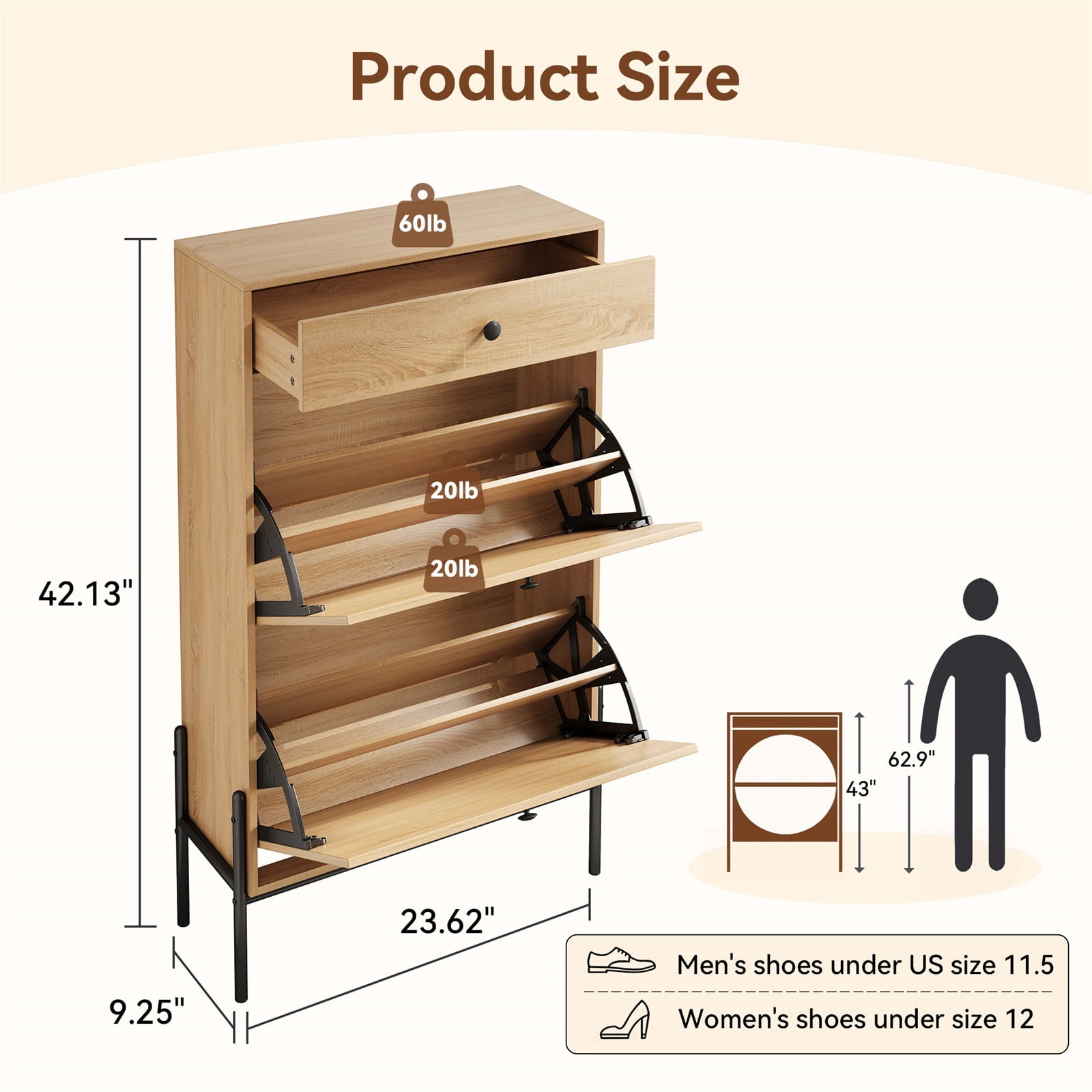 Hommoo 3 Drawers Wooden Shoe Storage Cabinet with Rattan Doors, Freestanding Shoe Storage Organizer for Entryway, Natural