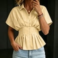 thumbnail image 4 of Women's Striped Blouse Peplum Hem Dressy Shirt Collared Short Sleeve Button Down Waist Fitted Business Casual Tops office Outfit Yellow, 4 of 5