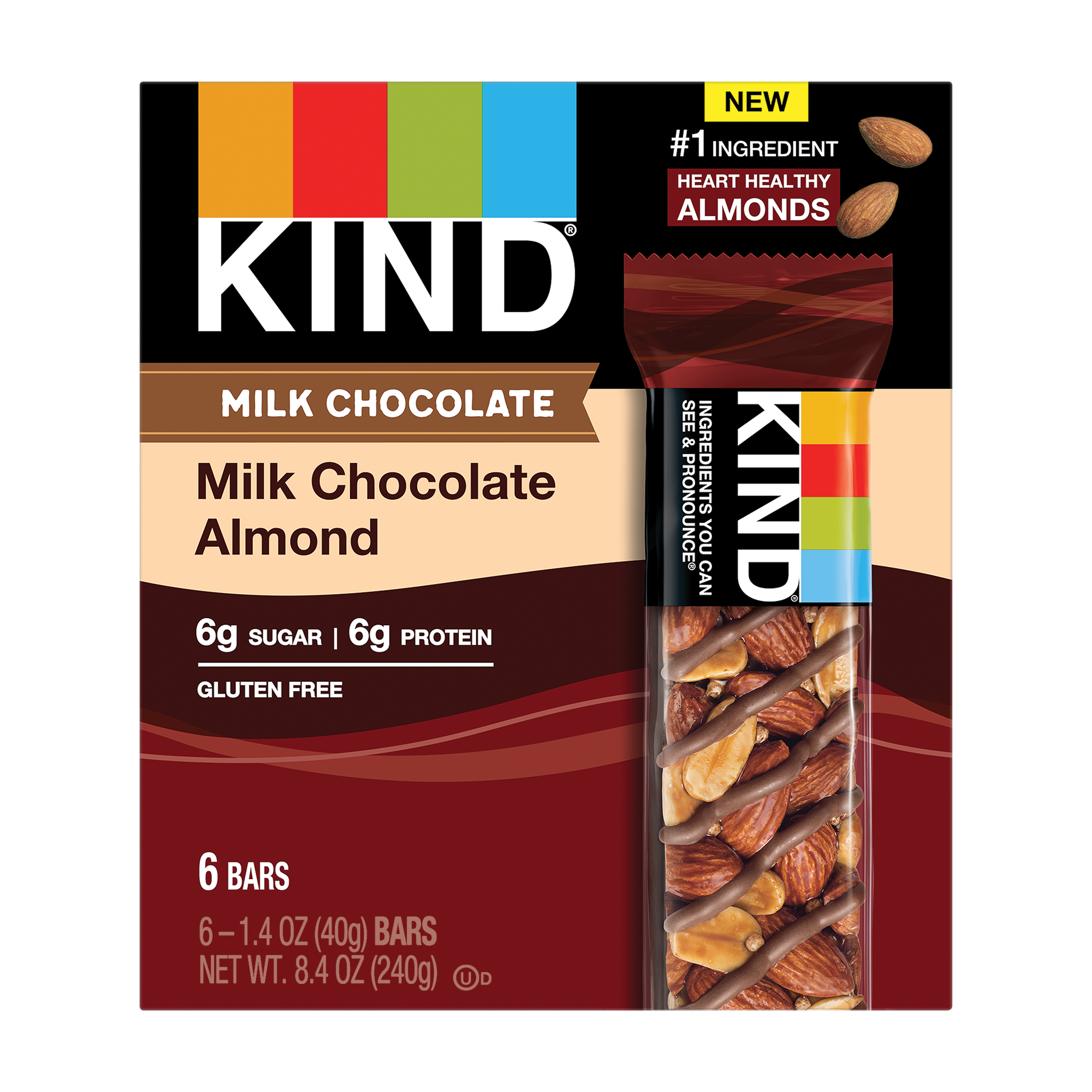 KIND Bars, Milk Chocolate Almond, Gluten Free 1.4 oz, 6 Snack Bars