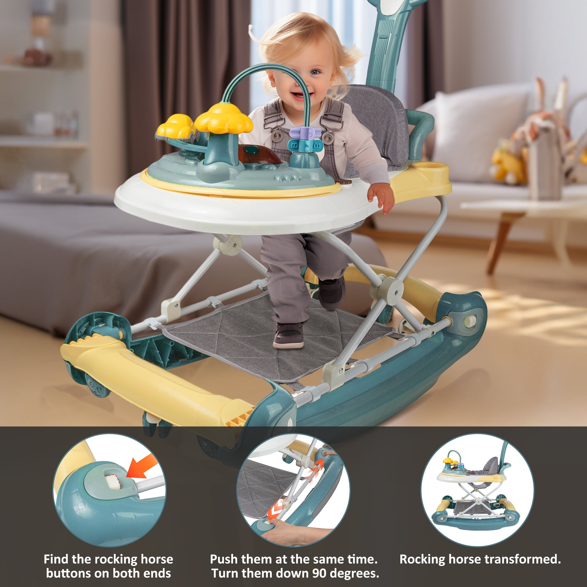 HAOUUCYIN 4-in-1 Baby Walker, Music Activity Push Walker with Wheel, Foldable and Height Adjustable, Green