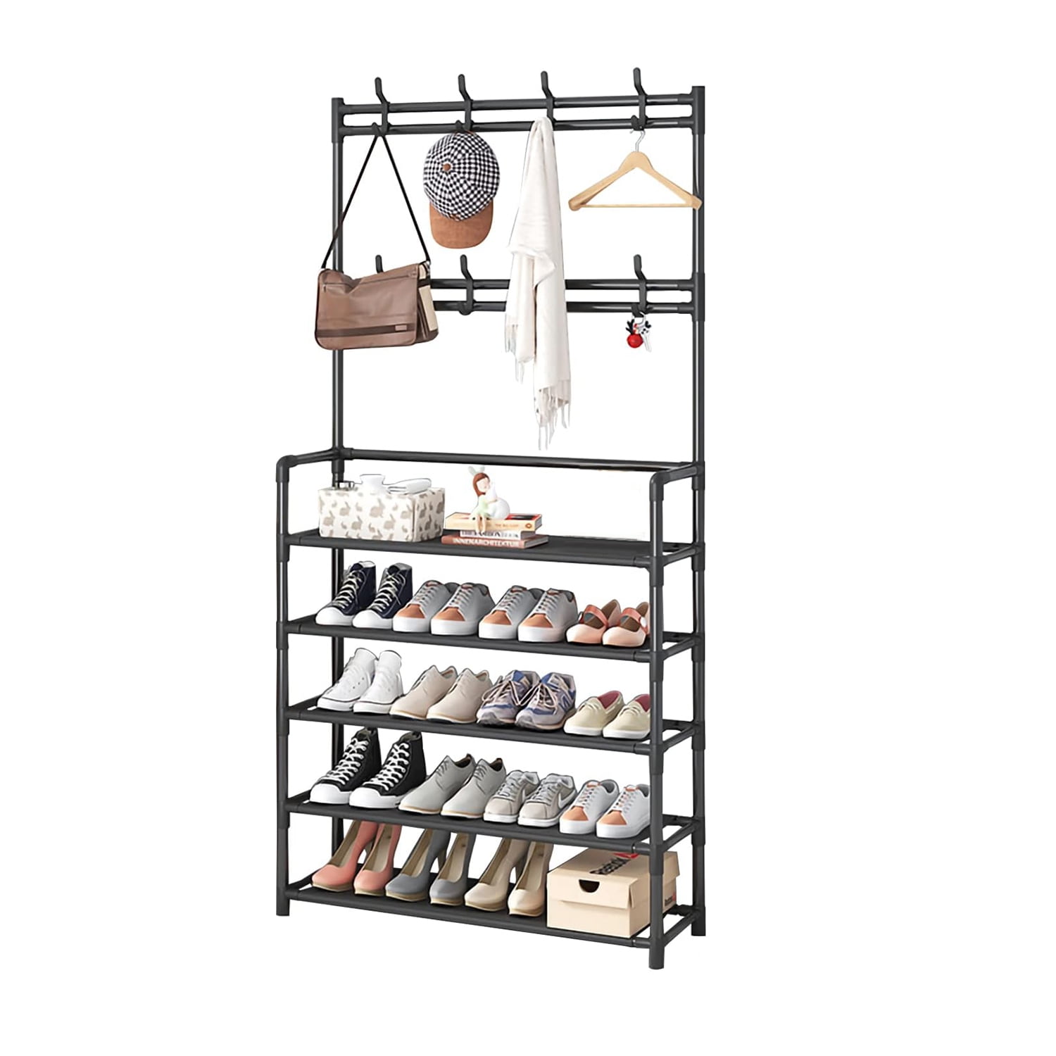 Perchero HOOBRO Con Zapatero – Estilo Industrial, 9 Ganchos Ajustables, Estructura Metálica, Marrón Vintage, 70x30x182 Cm, Fácil Montaje