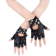 Women PU Leather Punk Gloves Rivets Belt Up or Snap Half Finger Performance Mittens