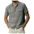thumbnail image 2 of TAIAOJING Mens Shirts Solid Pocket Single Cotton Linen Short Sleeve Blouses Grey XXXL, 2 of 5
