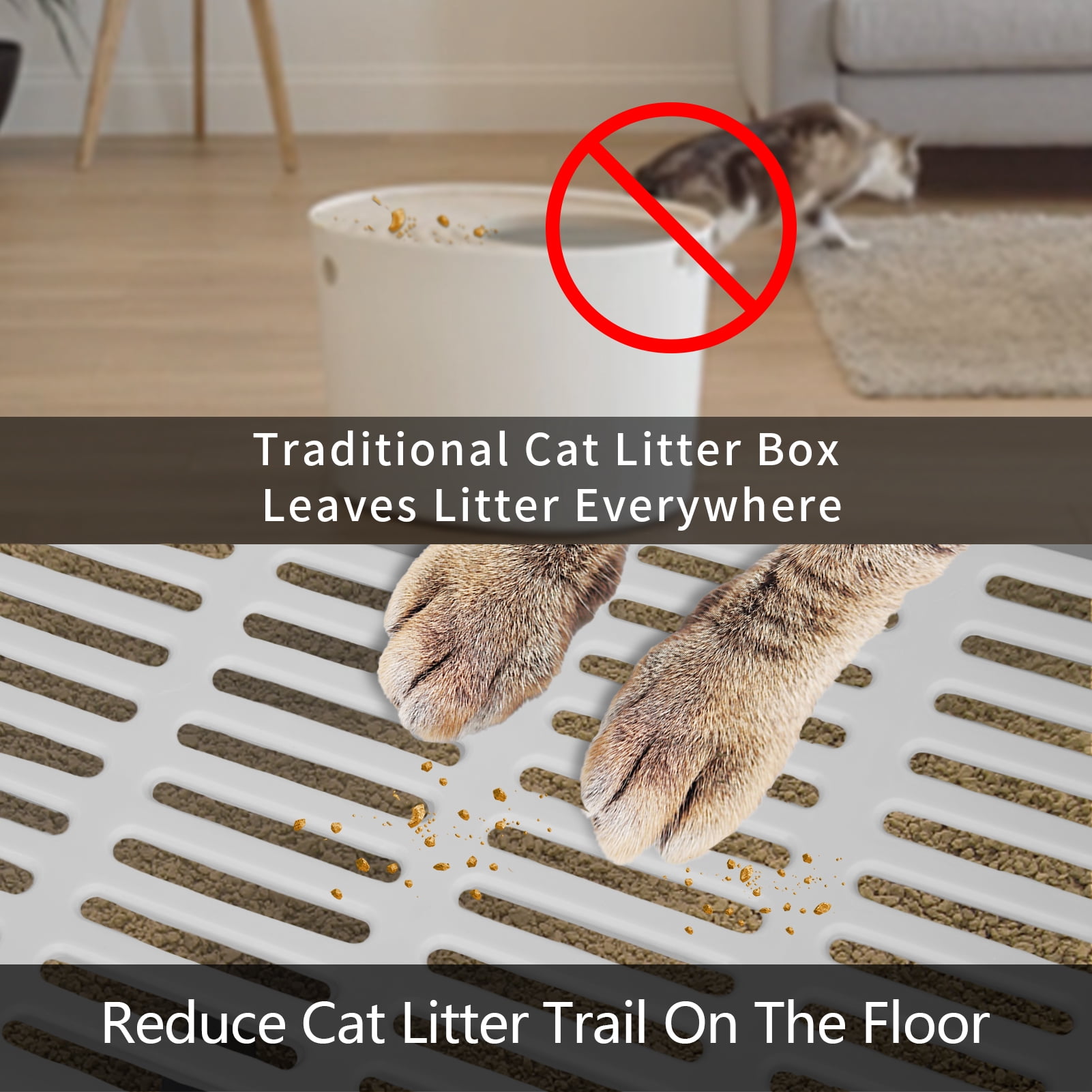 WiseWater Large Foldable Cat Litter Box with Lid, Top Entry Kitty Litter Box with Pet Plastic Scoop, Grey