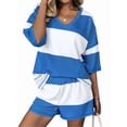 thumbnail image 3 of Women'S Two Piece Sets Summer Lounge Sets Striped Shirts and Shorts Set Oversized Matching Outfit Blue & White L, 3 of 9