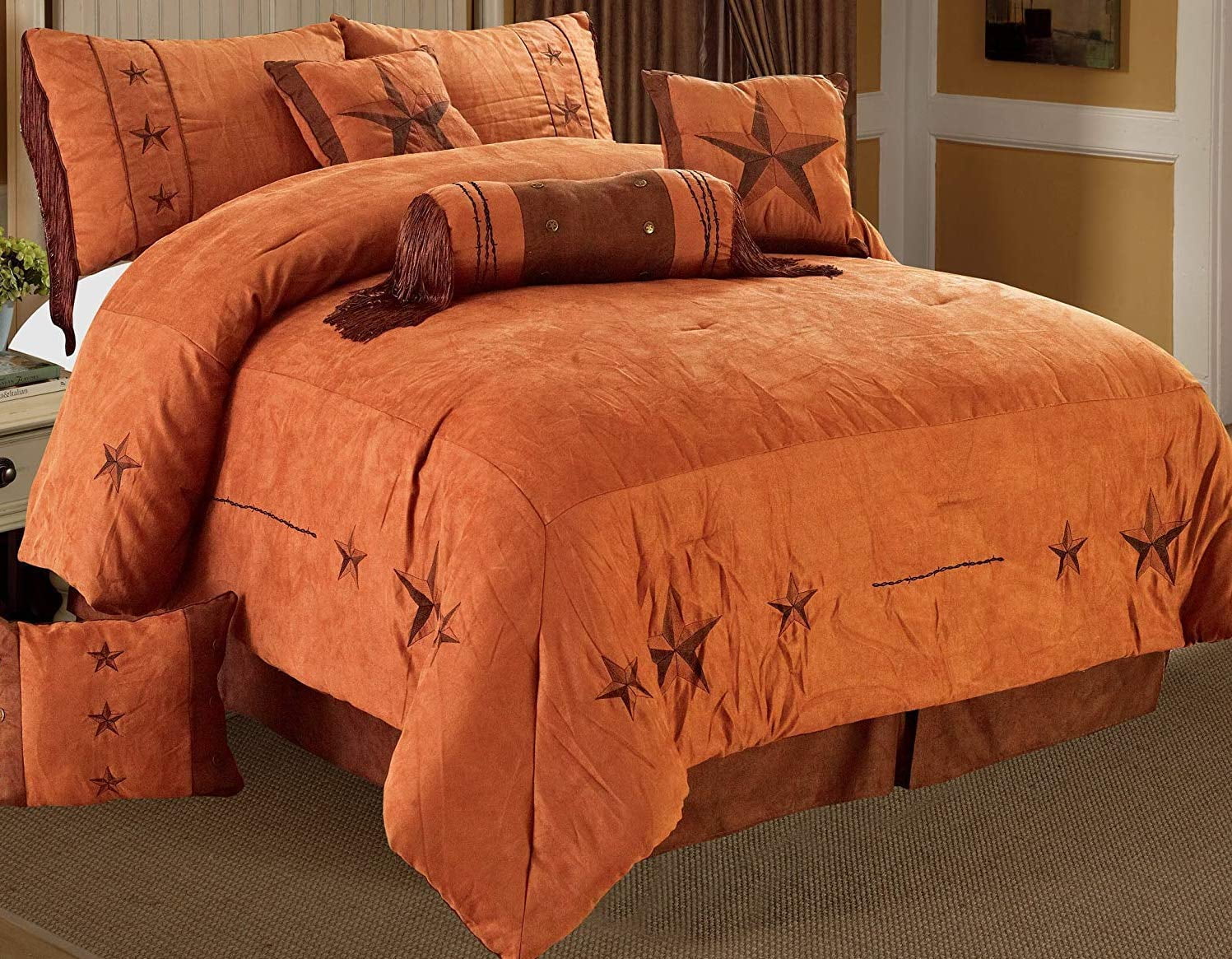 7 Pieces Set Embroidery Printed Texas Star Western Star Luxury Comforter Suede 