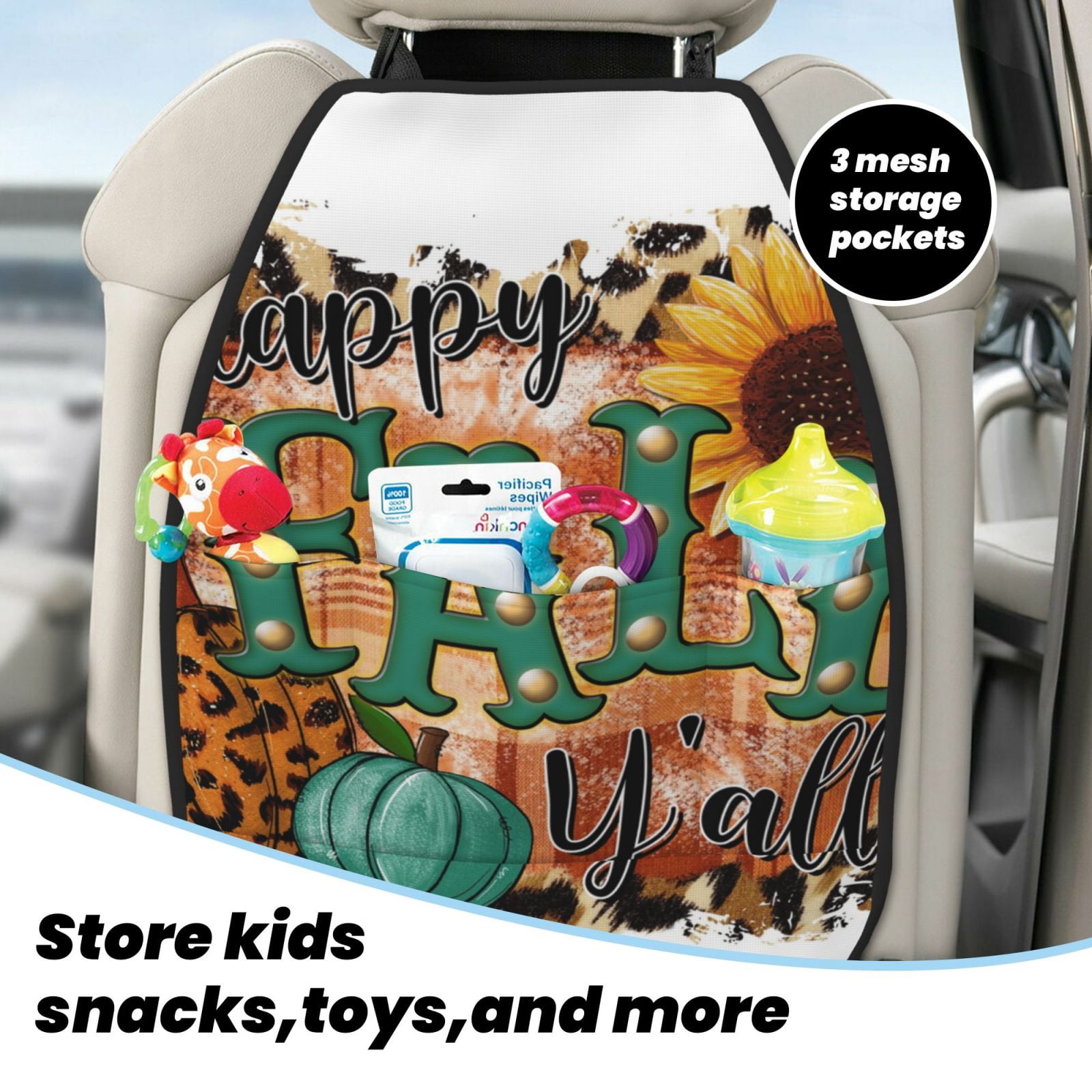 Xecao Happy Fall Y'All Pattern Car Seat Back Protector 2 Pack Large Capacity Pocket, Kick Mats Back Seat Protector
