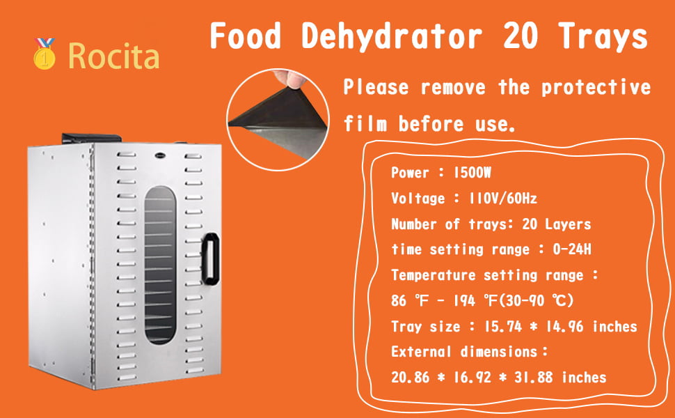 Rocita Stainless Steel Food Dehydrator Machine, 20 Tray Food Dryer Machine  for Jerky Fruits & Vegetables with Commercial 1500W and Digital Control 