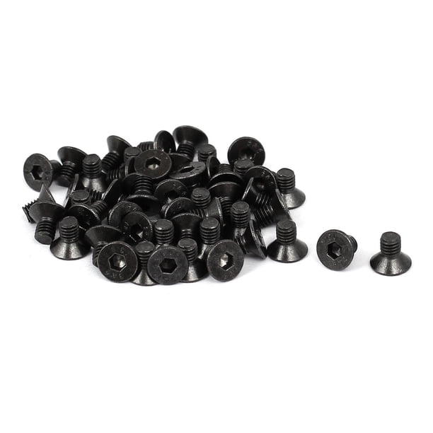 Tornillo de cabeza plana hexagonal con casquillo, metal negro niquelado, grado 10.9, M3x5mm, 50 piezas