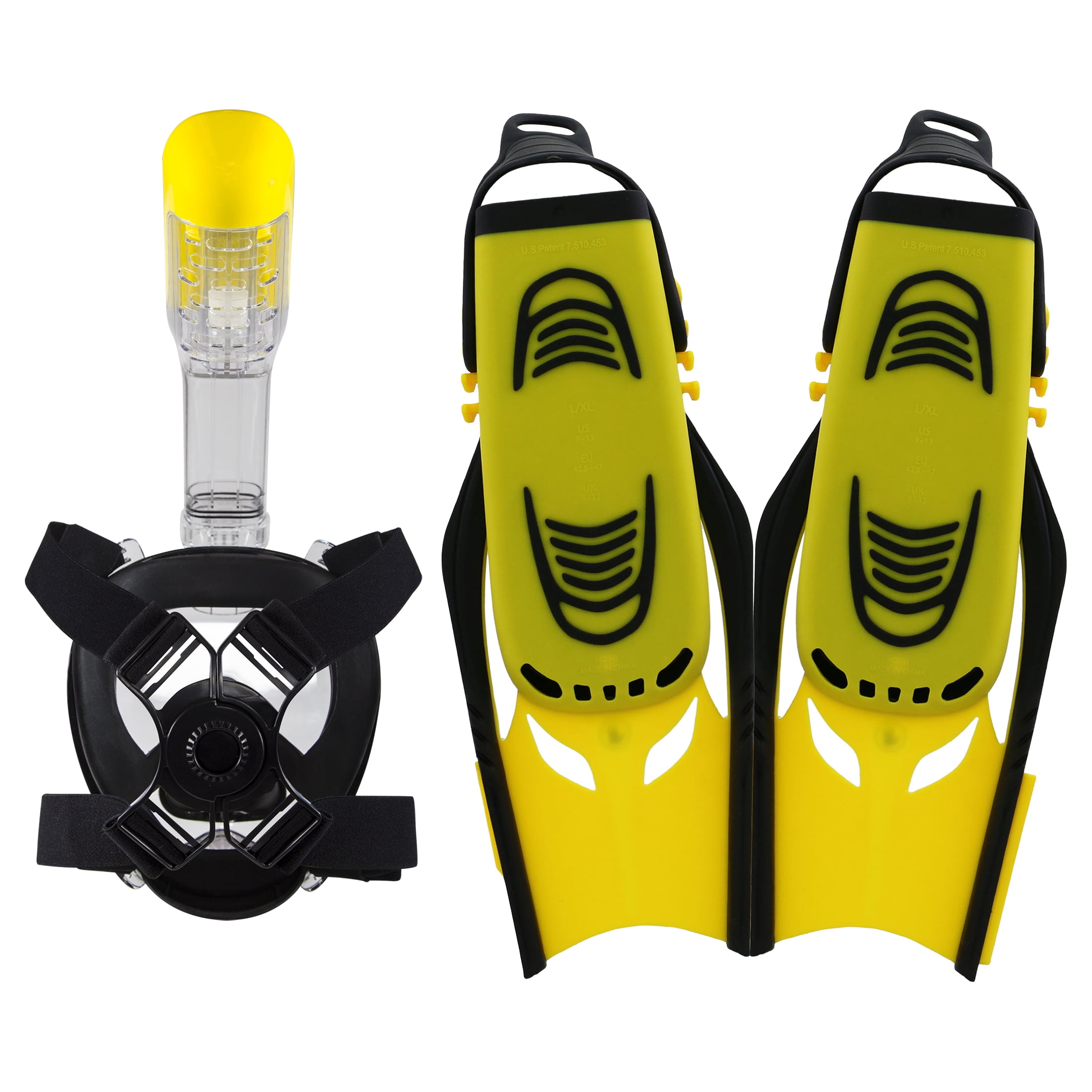Body Glove Aire Full Face Snorkel and Fins Set for Adults, Anti-Fog and Anti-Leak 180 Degree Panoramic View, S/M, Black/Yellow