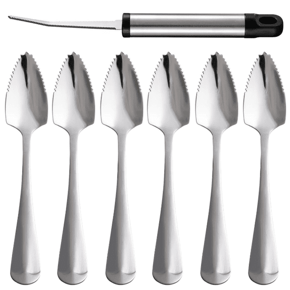 Set of 7 Grapefruit Long Spoon Thick Stainless Steel Serrated Edge Dessert Cirtus Fruit