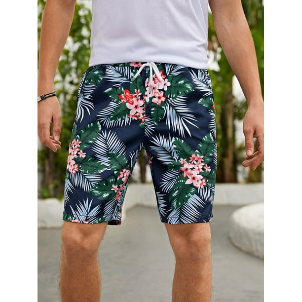 Pantalones cortos de cintura con cordón para hombre, estampado Tropical aleatorio Fivean unisex