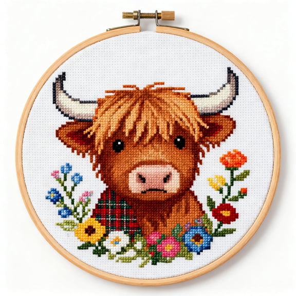 DIY Cross Stitch Kits Highland Cow in Flowers Easy for Beginners 11CT Stamped Counted Cross Stitch with Hoop Needlepoint Embroidery Set Craft Wall Decor 20x20cm