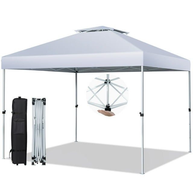 costway carpa plegable 3x3 m cenador tienda emergente pop up 8 personas gazebo pabellón con doble techo altura ajustable playa jardín patio cenador blanco 305x305 cm con doble techo ventilado y estructura metálica plegable; patas rectas con mecanismo de bloqueo central, tela Oxford recubierta en PU plateado, bolsa de transporte con 2 ruedas, cuerdas para viento y 8 estacas incluidas; ideal para picnics y eventos al aire libre.
